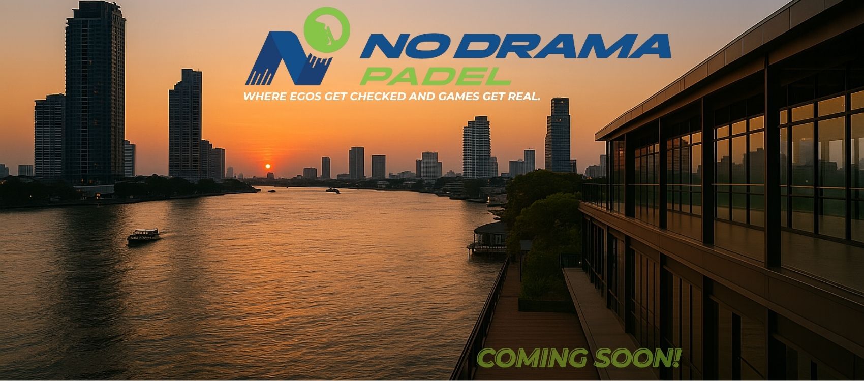 Sunset over the Chao Phraya River in Bangkok with No Drama Padel club and skyline in the background – coming soon